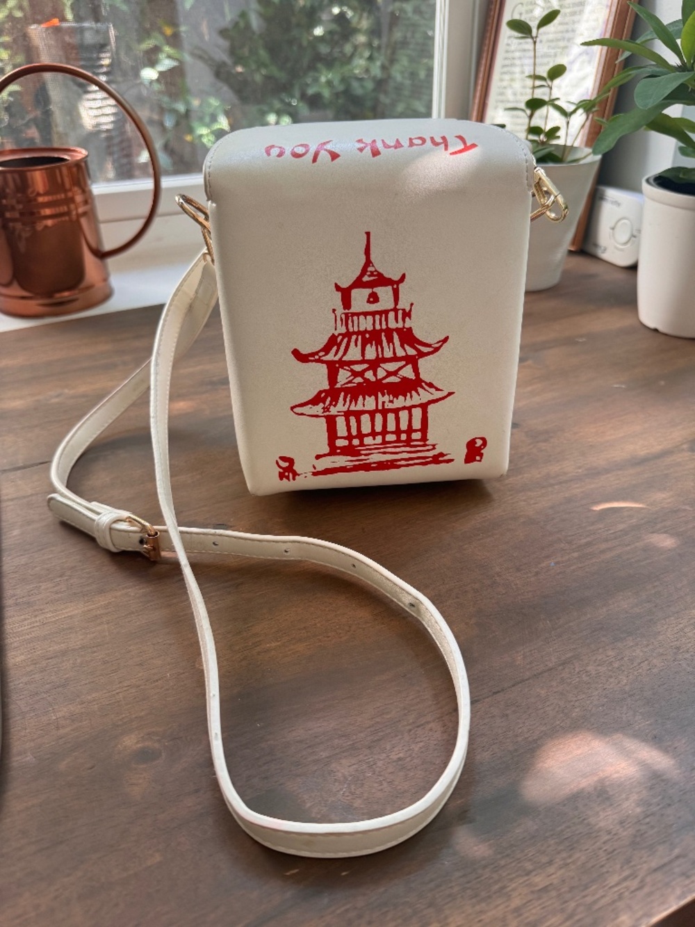 Chinese Takeout Box Crossbody Purse White Red Pagoda Novelty Bag